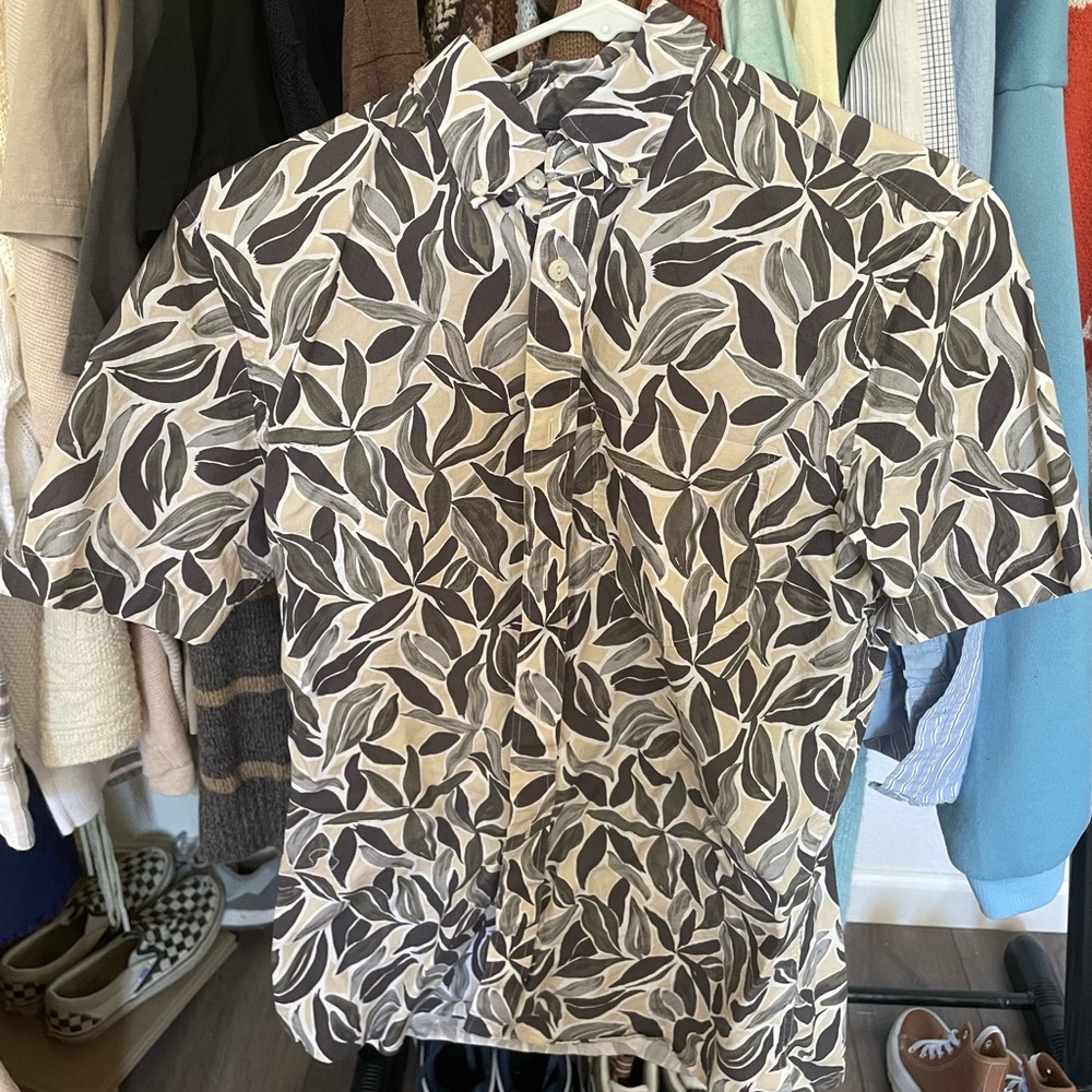 tan leafy casual button down